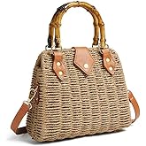 Woven Straw Handbag Beach Bag with Bamboo Handle, Brown Leather Trim, Crossbody and Adjustable Strap, Natural and Super light | Bamboo Handle, Brown Leather Trim
