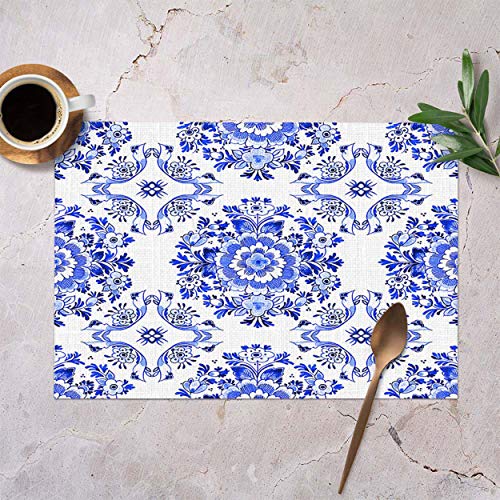 Mugod Placemats White Blue Watercolor Dutch Floral Tiled Flowers in Circular Rosette Cobalt Decorative Heat Resistant Non-Slip Washable Place Mats for Kitchen Table Mats Set of 4 12"x18"