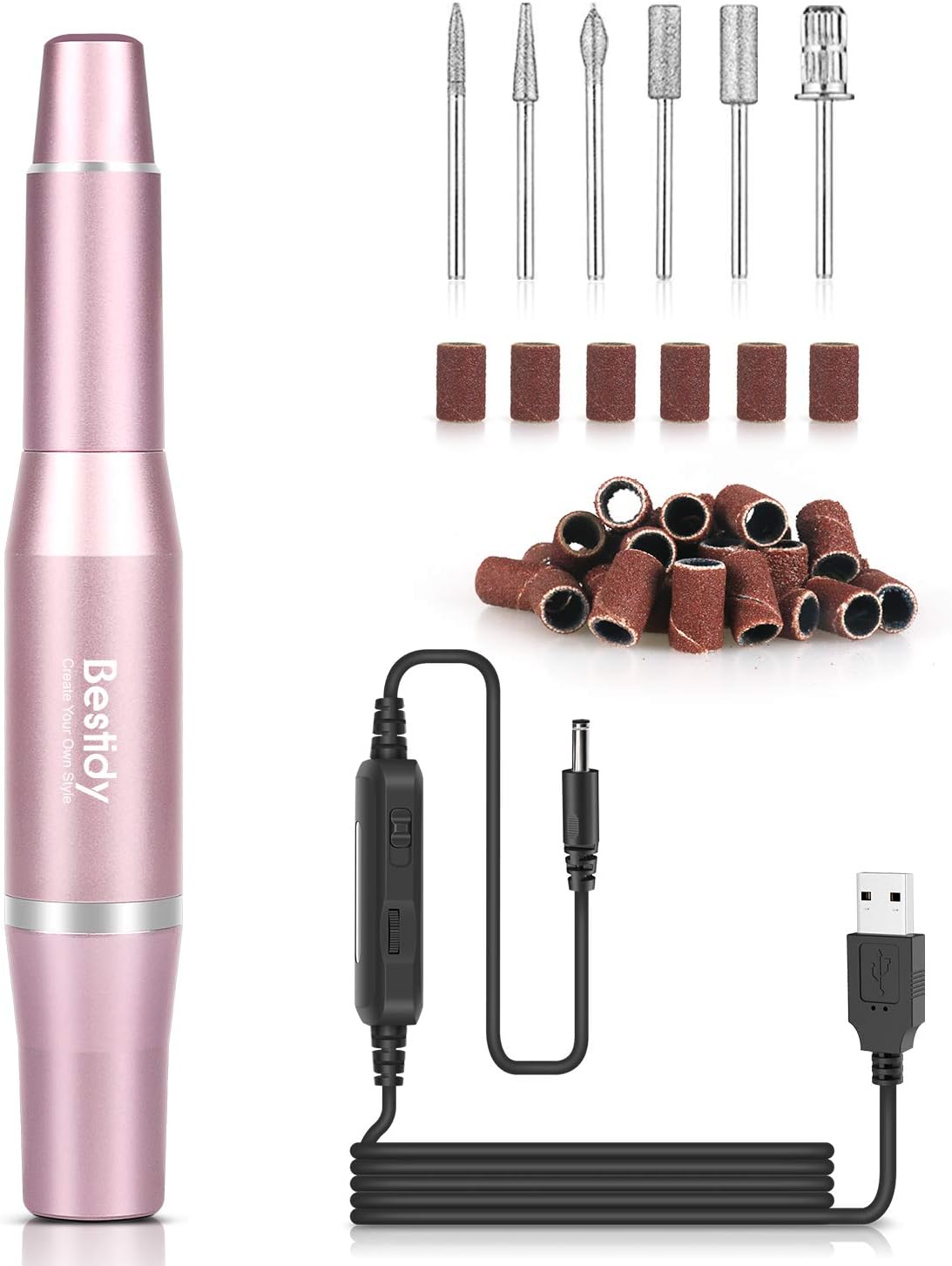 Bestidy Electric Nail Drill Kit,USB Manicure Pen Sander Polisher With 6 Pieces Changeable Drills And Sand Bands for Exfoliating, Grinding, Polishing, Nail Removing, Acrylic Nail Tools (Pink)