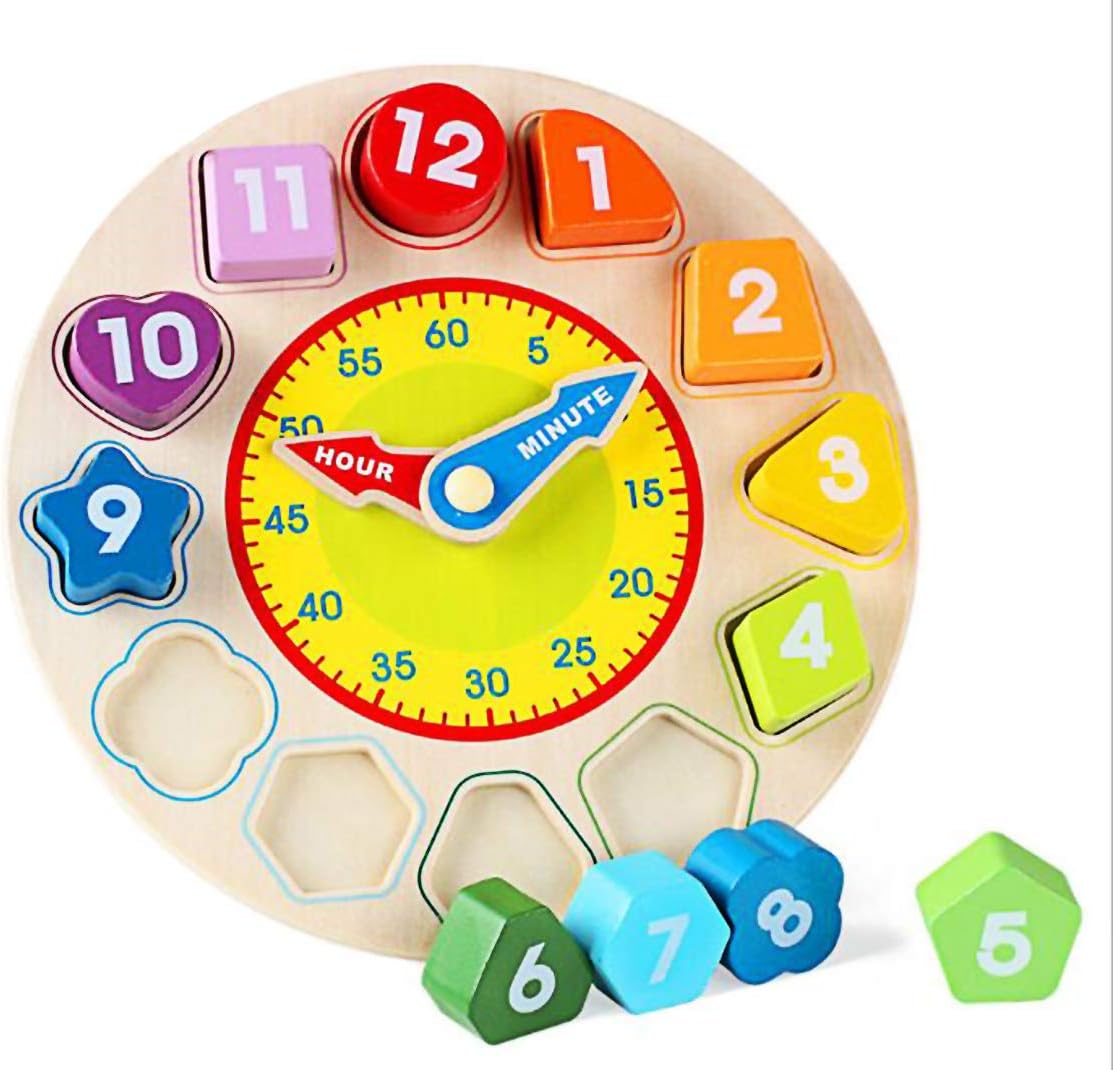 N2 Time Clock Toy for Kids Wooden Time Learning Shape Sorting Color Game Montessori Early Education Math Set Kid Jigsaw Play Tool Preschool Toddler Puzzle Toy Gift for Boys Girls Birthday Age 3 4 5 6: Toys & Games