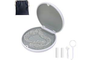 MAOERDENTAL Retainer Case,Cute Slim Aligner Case Compatible with Invisalign,Retainer Holder with Aligner Remover Tool, Chew & Brush,Rope Bag (White Shell Gray Silicone)