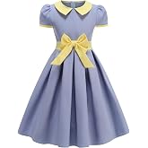 ODIZLI Kids Girls 1950s Retro Vintage Dress Short Puff Sleeve Contrast Panel Swing Party Dresses