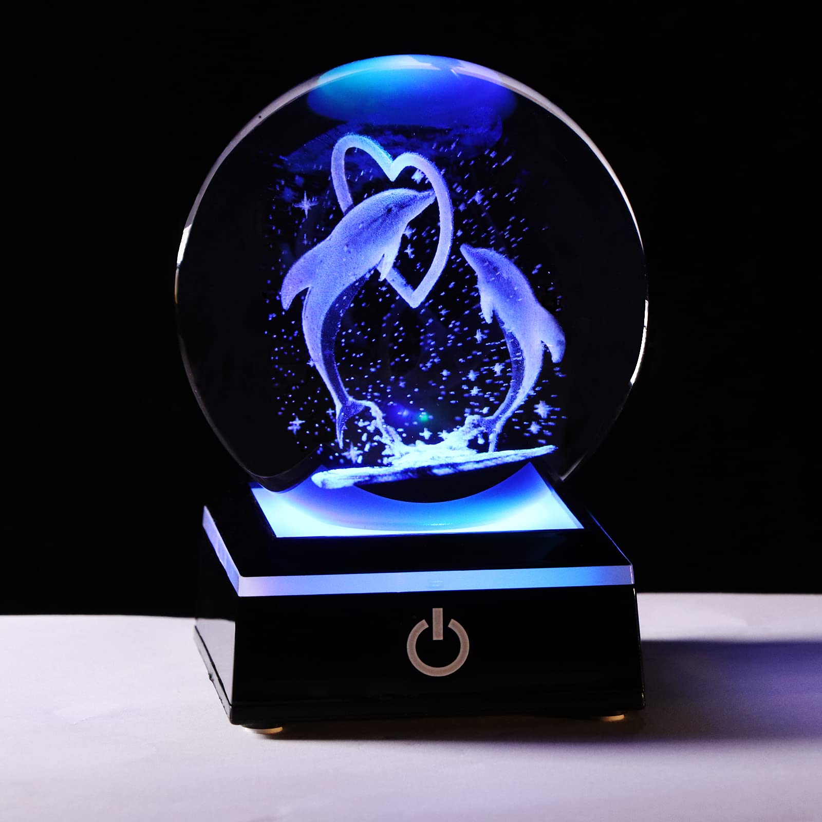 80MM Crystal Ball Engraved Dolphins Figurine Ornament with Colorful LED Stand, Glass Double Dolphin Gifts for Women Friends on Christmas Valentine's