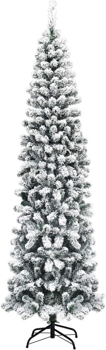 Trees - Happygrill 7.5FT Snow Flocked Pencil Christmas Tree Artificial Xmas Tree for Indoor Outdoor, Slim Christmas Tree for Festival Decoration
