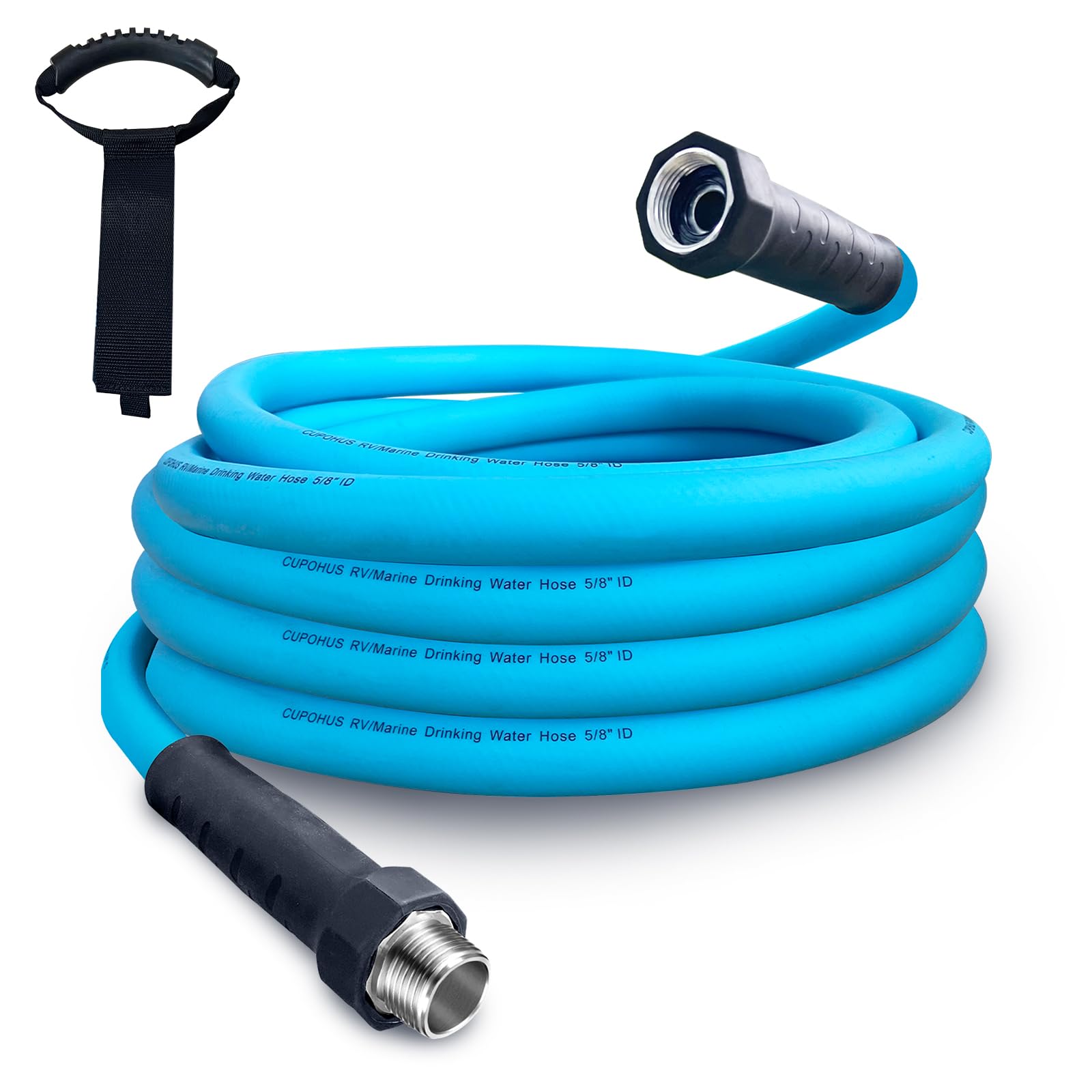 Photo 1 of Cupohus RV Water Hose 15FT with Strain Relief Ends, Kink-Resistant Drinking Water Hose, 5/8''ID Potable Food Grade Hose with Storage Strap for RV, Marine, Camper, Truck, Car, Garden