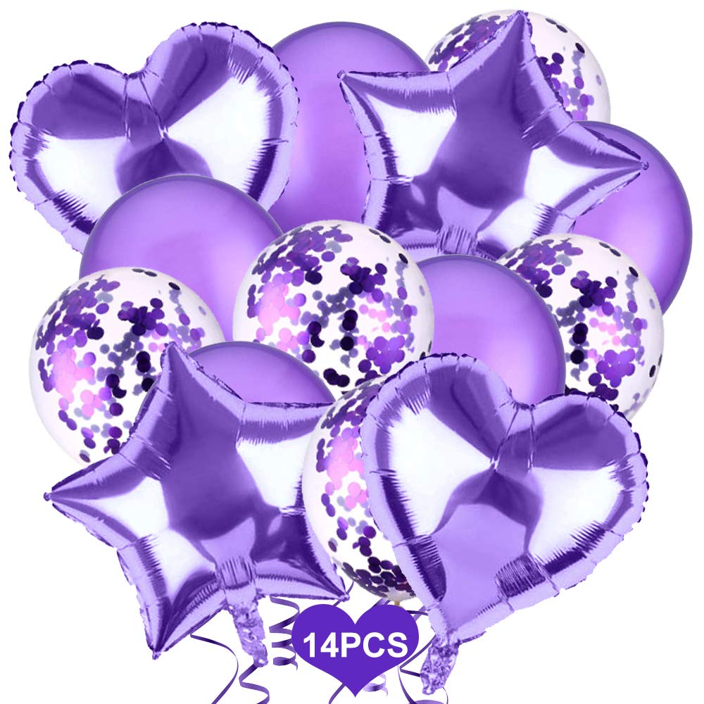 Birthday Balloons Set,14Pcs Birthday Party Decorations - Purple Latex Balloons/Purple Confetti Balloons/Purple Star Heart Foil Balloons,Party Balloons for Birthday Baby Shower Engagement Wedding