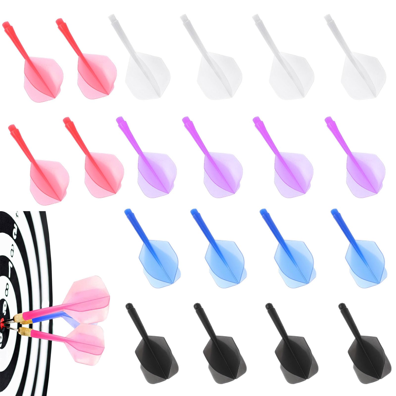 Forreen Dart Shafts and Flights 2BA, 20 Pcs Integrated Dart Shafts One Piece Integrated Plastic Transparent Darts Flights Dart Accessories for 90-degree Flight,5 Colours