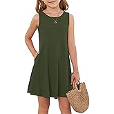 Girls Sleeveless Summer Dress Kids Crewneck Casual Mini Floral A Line Beach Sundresses with Pockets 5-14 Years