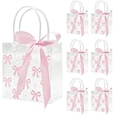 Slomg 12 Pack Pink Bow Clear Plastic Gift Bags with Handles, PVC Ribbon Coquette Bowknot Goodie Treat Tote Bags, Reusable Holidays Candy Gift Wrapping Bags for Wedding Birthday Baby Shower Party Favor