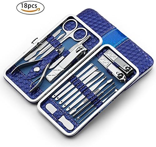Nail Clipper Travel Set,18 in 1 Stainless Steel Manicure Pedicure Set Nail Cutter Scissors Care Set Tweezers Knife Ear Pick Eyebrow Scissors Utility Tools Grooming Kits with Leather Case (Blue)