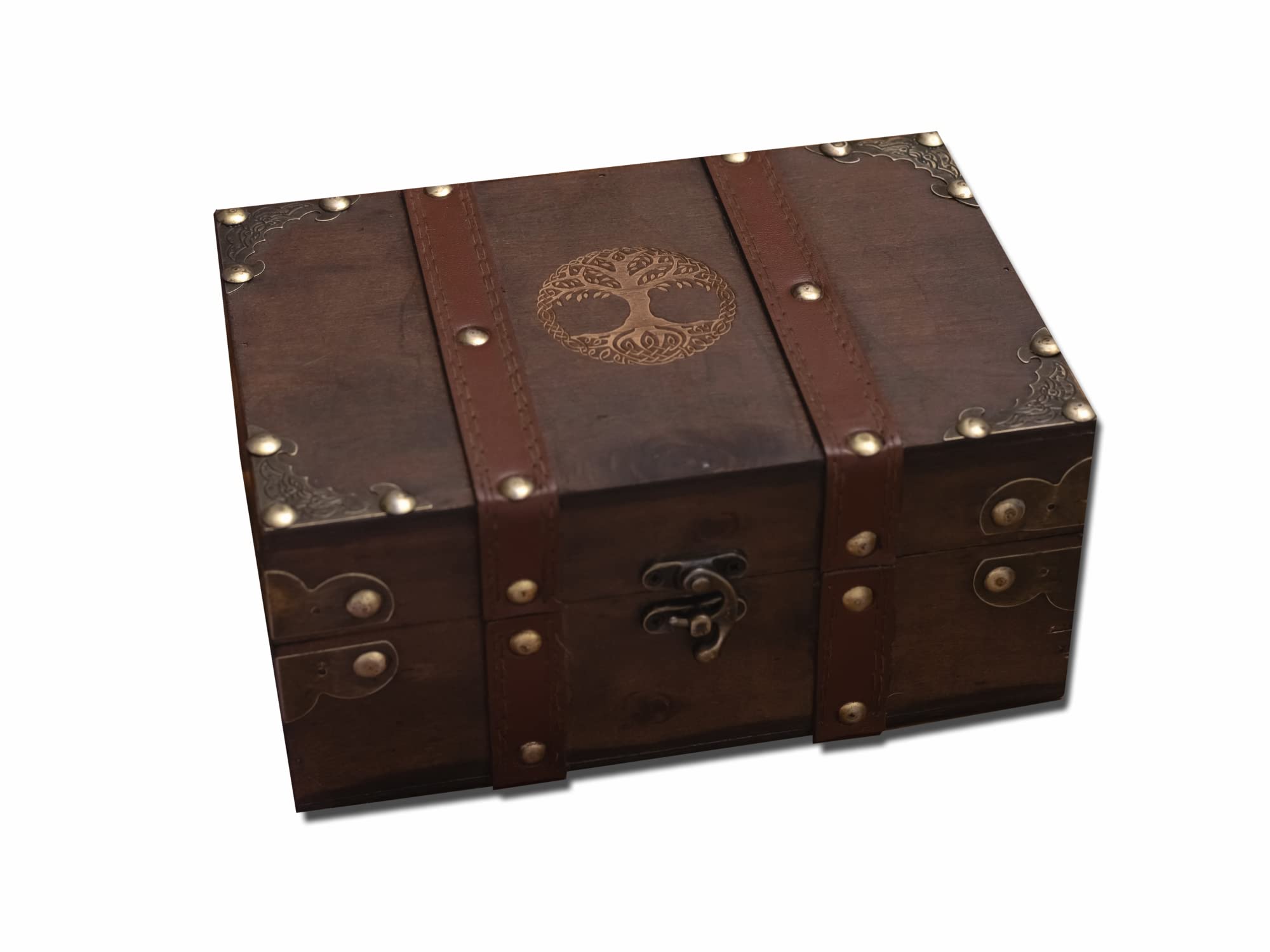 vuagmiv Wood and Leather Tree of Life Chest Box, Yggdrasil Engraved Wooden Box with Velvet Lining, Wiccan Supplies and Tools Storage Box, Home Decor Keepsake Box