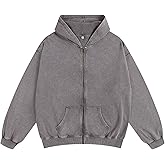 Pairxily Oversized Vintage Cotton Jacket Acid Wash Grunge Basic Zip Up Hoodie For Women Distressed Baggy Long Sleeve Tops