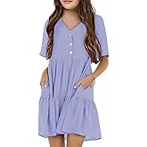 Tymidy Girls Casual Dress Summer Button V Neck Short Sleeve Ruffle Hem Flowy Swing Mini Dresses