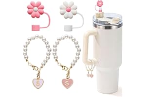 LUHOHI Charms for Stanley Cup，2pcs Pearl Chain for Stanley Cup Accessories Initial Letter Charms Handle with 2pcs Straw covers Stuff Decor Water Bottle Jewelry Tumbler Personalized Decorations Tag S