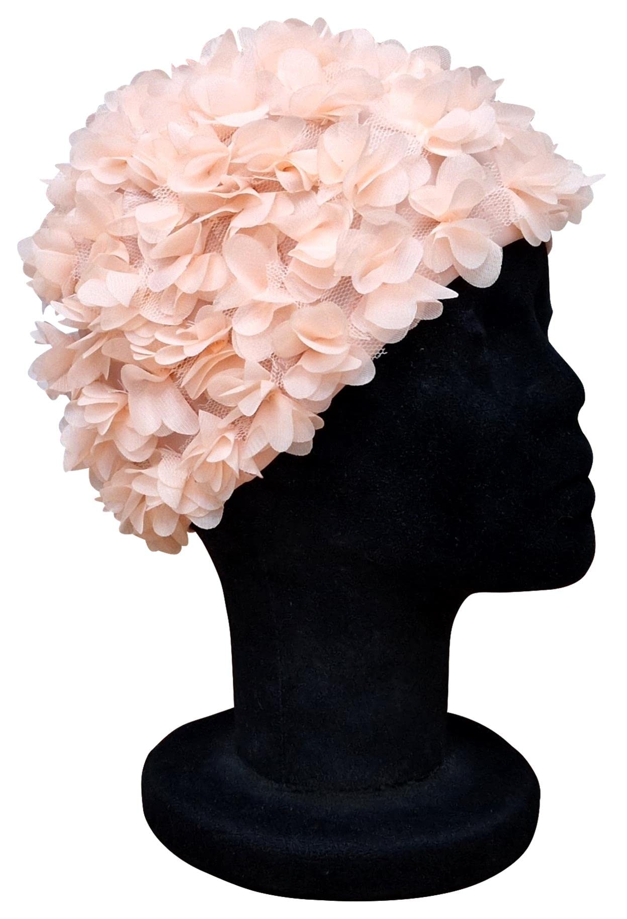 CHEX Ladies Pinks Elasticated Swimming Hat Decorated Solid colour With Matching Frilly Floral Petals In A Swim Cap One Size Adults Soft And Easy To Pull On (Pale Peach)