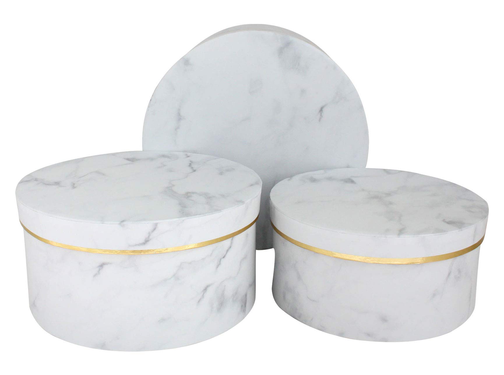 Emartbuy Set of 3 Rigid Flower Gift Box, White Marble Pattern, White Interior and Gold Rimmed Lid