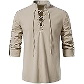 Men's Long Sleeve Shirts Retro Style Lace up for Medieval,Viking,Hippie Halloween Cosplay Pirate Renaissance Costume