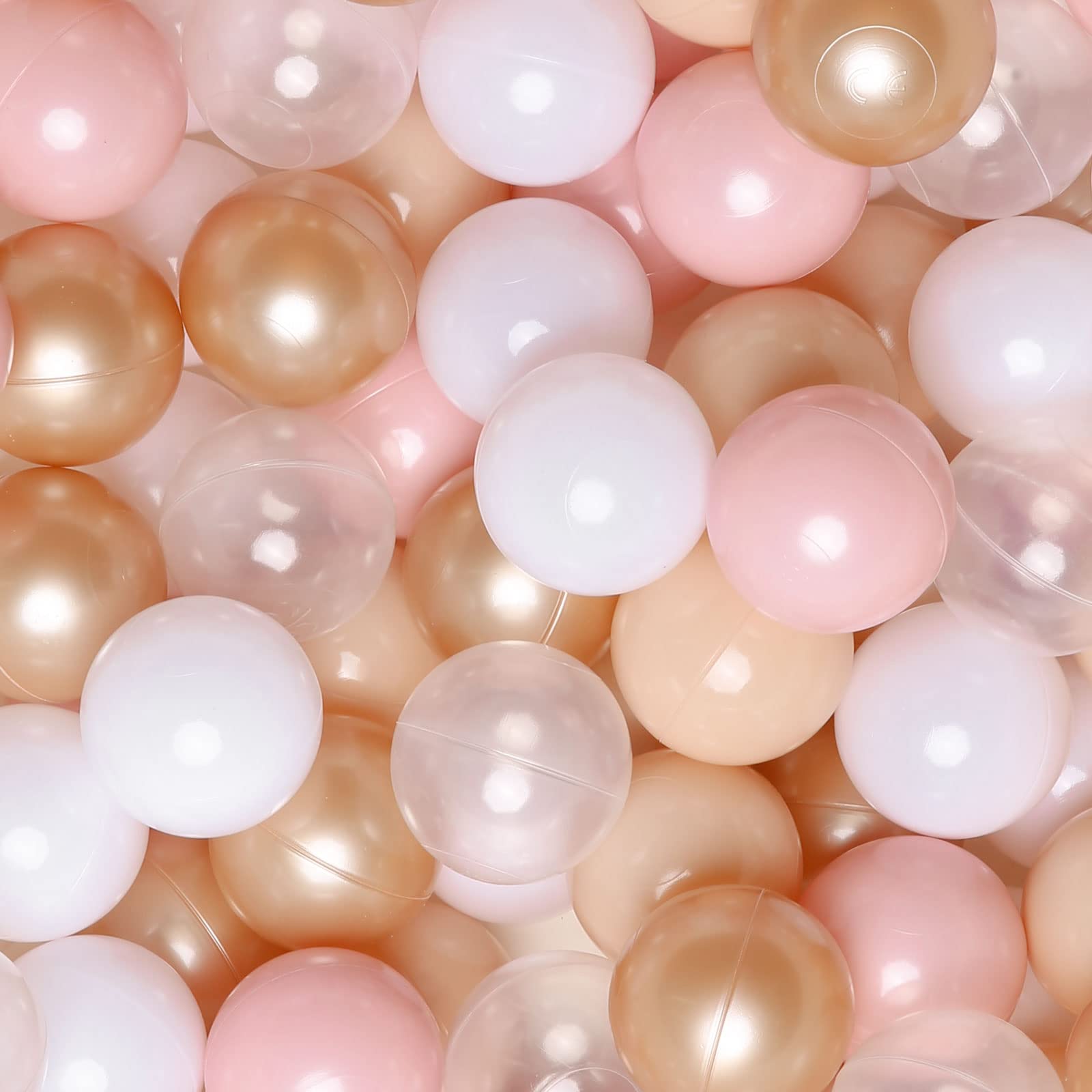 Photo 1 of GOGOSO Ball Pits Balls Toddlers 50 100 200 500 Plastics Shape Ball Non-Phthalate Non-BPA Non-Toxic 2.2-Inch Crush Proof Play Balls, Beige+Pink+Pearl Brown+White+Clear, 100 Balls