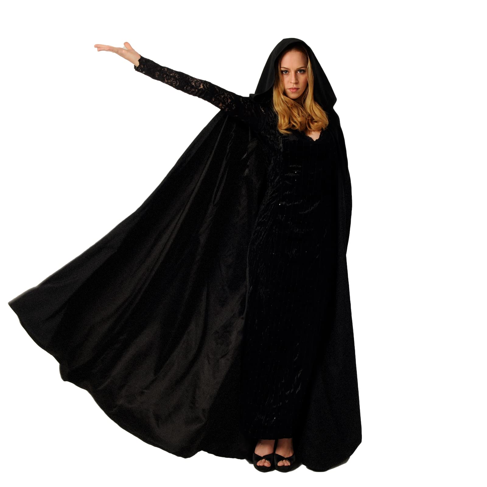 Buen Don Halloween Cloak, Hooded Cape Cosplay Costume Unisex Robe Velvet Cloak(L,Black)
