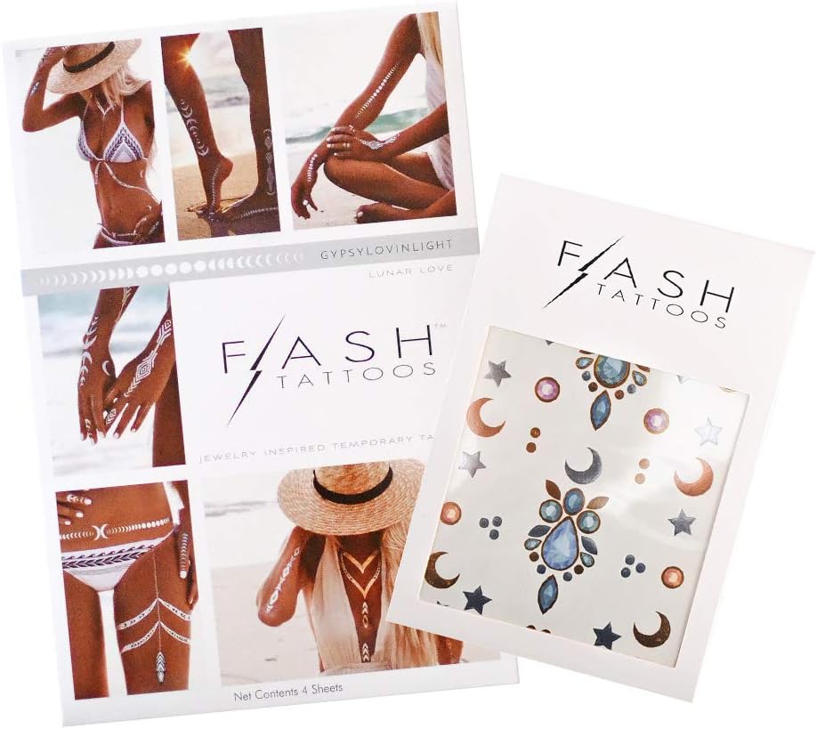FESTIVAL MAGIC BUNDLE includes Flash Tattoos Aurora 3-sheet mini pack and bestselling Lunar Love pack, festival tattoos, gemstone tattoo, face glitter, celestial tattoo, jewelry tattoo, gemstone