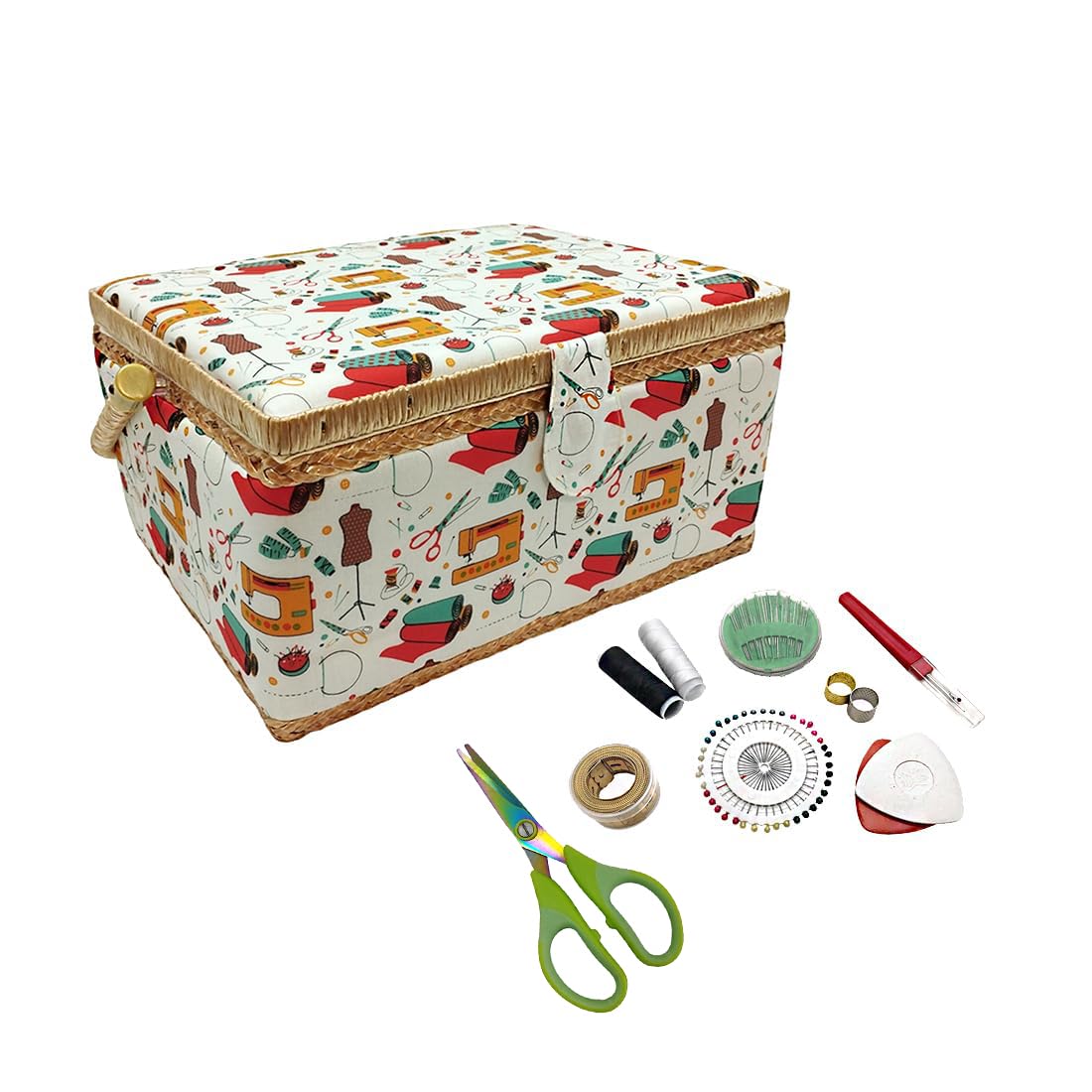 JYC CREATIVE Small Wooden Fabric Sewing Box with 8 Compartments, Pin Cushion, Handle, Tray for Accessories, Sewing Tool Set