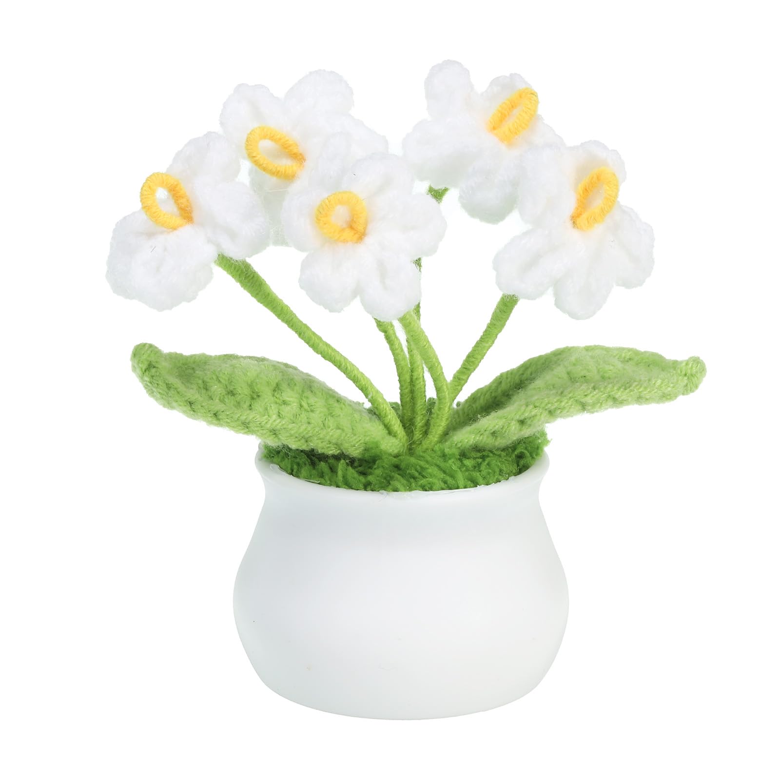 PATIKIL Crochet Flowers, Handmade Knitting 5 Head Forget Me Not Artificial Woven Small Potted with Stems for Valentine's Gifts Home Wedding Party Office Tables Decoration, White