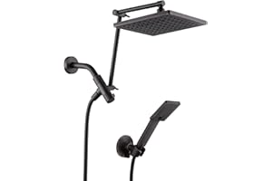 BRIGHT SHOWERS High Pressure Rain Shower Head Combo with Double Extension Arm, 8 Inch Rainfall Shower Head with Handheld Spray, Height Adjustable Dual Square Showerhead Set, Oil-Rubbed Bronze