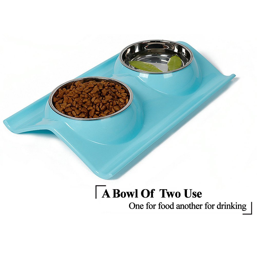 Pet Bowl Double Dog Cat Stainless Steel Bowls with No-Spill Non-Skid Mat