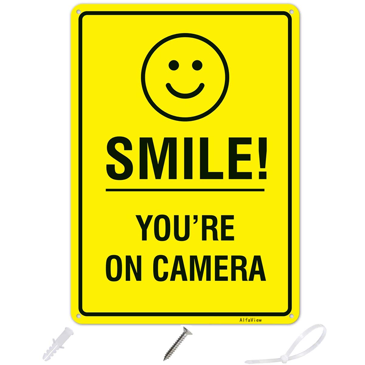 Smile You're On Camera,AlfaView Video Surveillance Sign CCTV Security Camera,10x7 Inches Rust Free 0.40 Aluminum Fade Resistant UV Protected & Reflective for Indoor Outdoor Home Business(1 Pack)