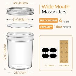 ComSaf Mason Jars 16 oz with lids - 4 Pack, Pint