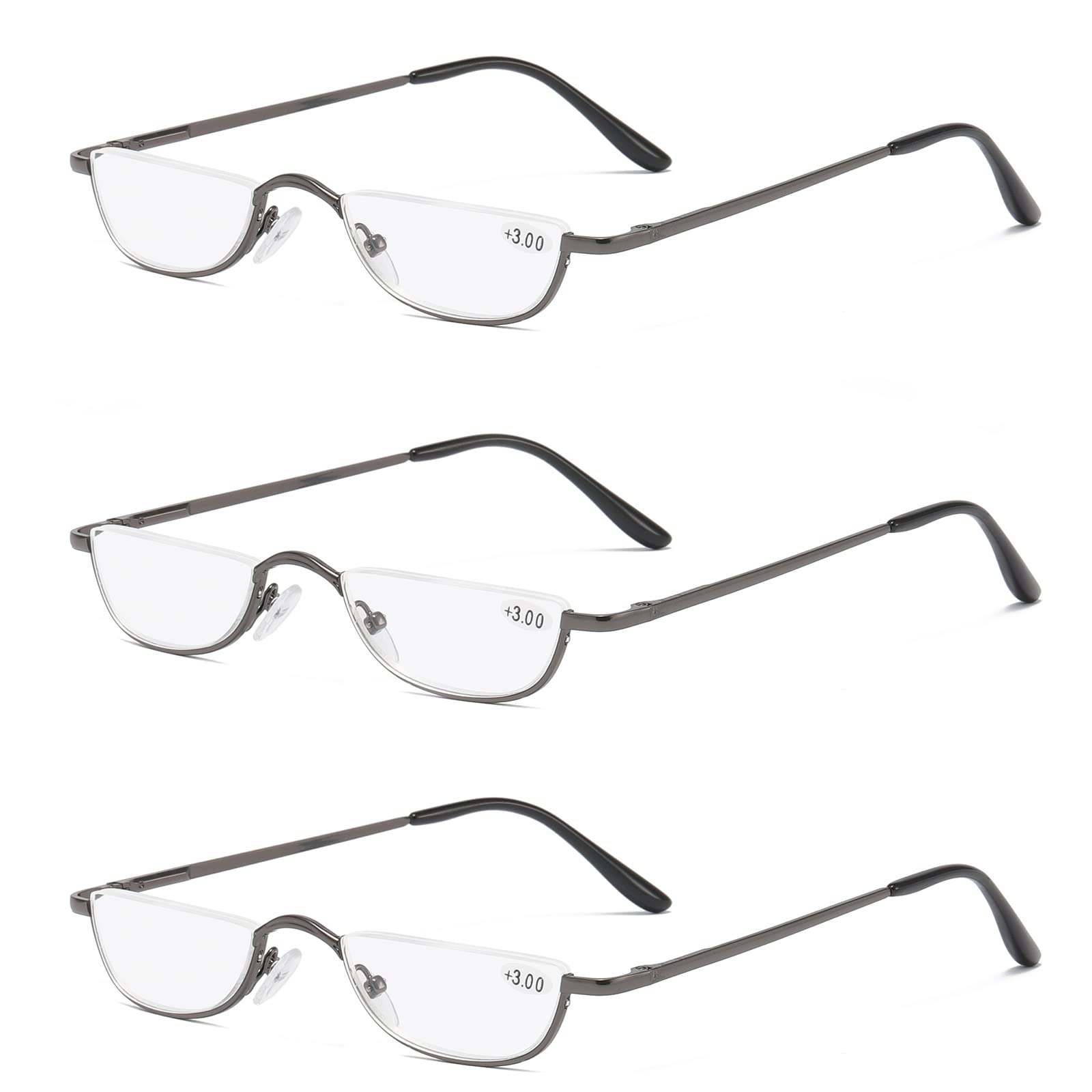KoKoBin 3 Pack Half Frame Reading Glasses Spring Hinges for Men Women Slim Half Moon Lens Readers Metal Semi Rimless eyewear (3 Gray, 1.00) — image 1