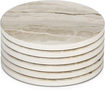 LIFVER Coasters for Drinks Absorbent 6 Pcs Marble Style Cork Backing