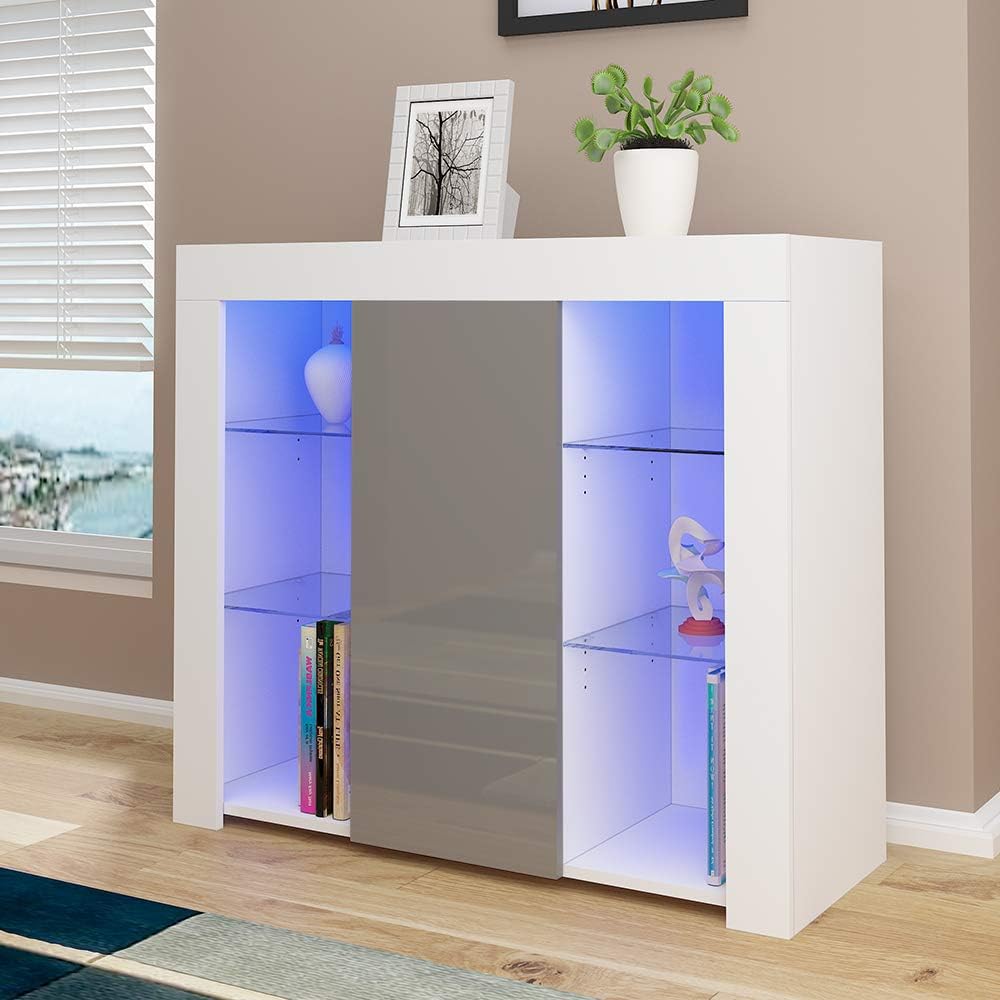 Panana High Gloss Sideboard Cupboard with LED Lights and 4 Glass