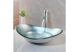 Washly Bathroom vessel sink, Artistic Tempered Glass Oval Vessel Sink Above Counter with Chrome Faucet and Pop-up Drain Combo, Silver