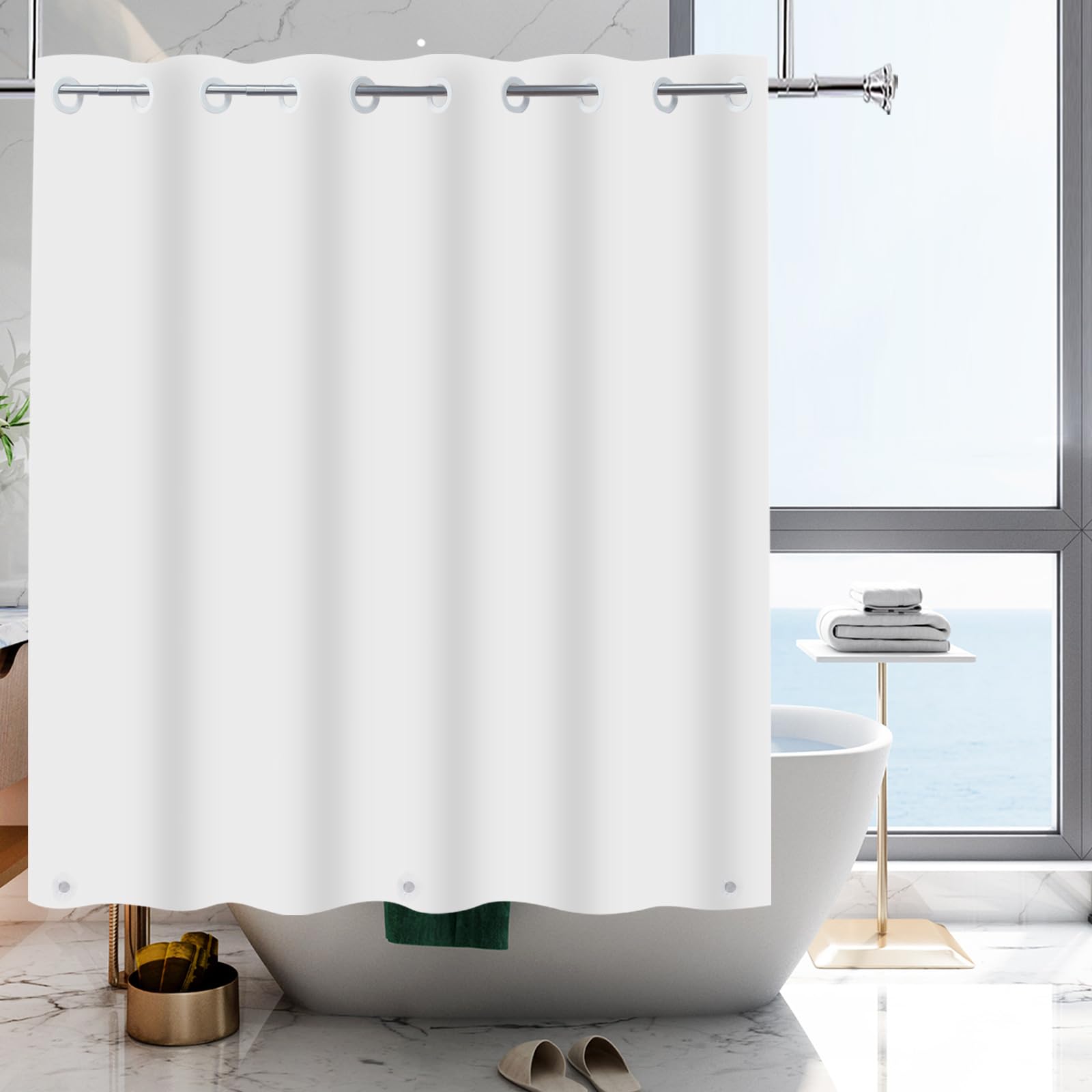 Photo 1 of YISURE No Hook White Shower Curtain Liner PEVA Plastic Waterproof Heavy Duty Bathroom Curtain Hook Free Shower Liner 72x74 Inches