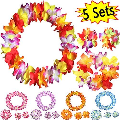 5 Sets - Tropical Hawaiian Luau Flower Leis Jumbo (Necklaces, Bracelets, Headband) Set, Party Supplies,Party Favors,Costumes Accessories