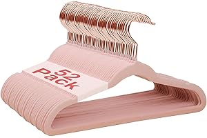 Wellong Baby Velvet Hangers, 52 Pack Kids Clothes Hangers with Non-Slip Shoulder Notches, Storage Organizer for Infant and Toddler Pink (Rose Gold Hook)