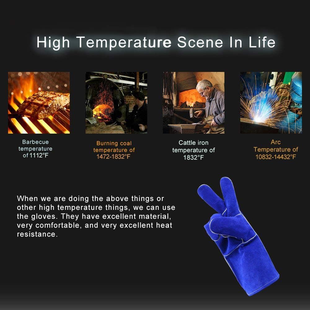 DEKO Welding Gloves 14 inch Leather Forge Heat Resistant Blue Welding Glove for Mig, Tig Welder, Furnace, Fireplace and More (Blue), Camping, Stove, BBQ - - 