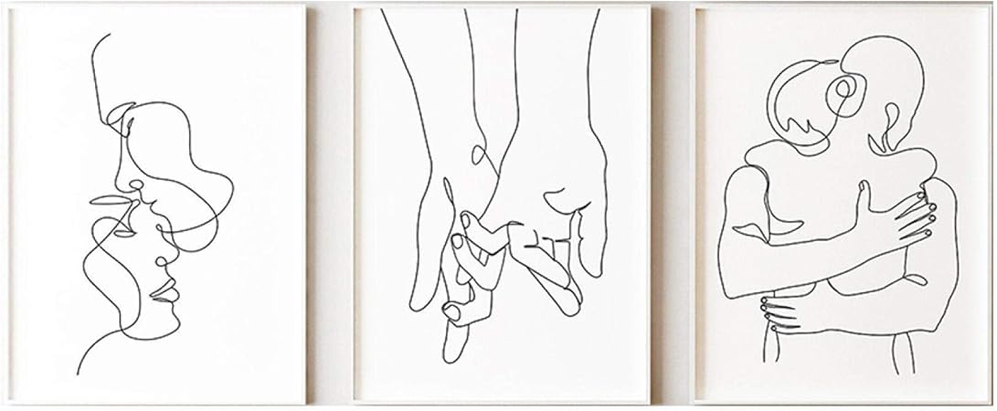 Amazon Co Jp キャンバスプリント線画カップルハンドラブキスウォールアートキャンバス絵画ポスターとプリントリビングルーム60x80cmx3フレームレスのミニマリストの壁の写真 Generic