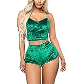 Angsuttc Women's Velvet 2 Piece Outfit Spaghetti Strap Crop Top Shorts Pajamas Set Sleepwear Nightwear