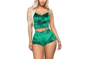 Angsuttc Women's Velvet 2 Piece Outfit Spaghetti Strap Crop Top Shorts Pajamas Set Sleepwear Nightwear