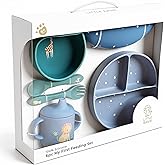 Little Rawr Baby Led Weaning Bundle, 100% Silicone Baby Feeding Set Includes Divided Plate, Suction Bowl, Straw Cup, Bib, Spoon & Fork, Develops Self Feeding Skills, Dishwasher Safe (Blue)