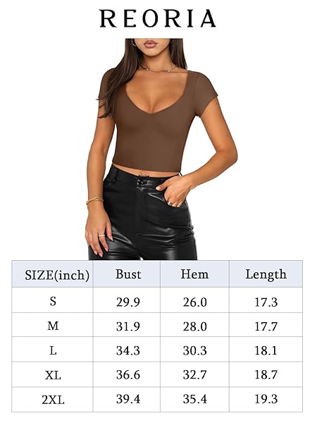REORIA WOMEN’S TRENDY SEXY V NECK SHORT SLEEVE DOUBLE LINED SLIMMING T SHIRTS CROP TOPS TEES, RUSTY RED, MEDIUM