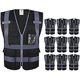 Dazonity Safety Vest with Pockets & Zipper,10 Pcs, Reflective, for Construction(Black-2XL)