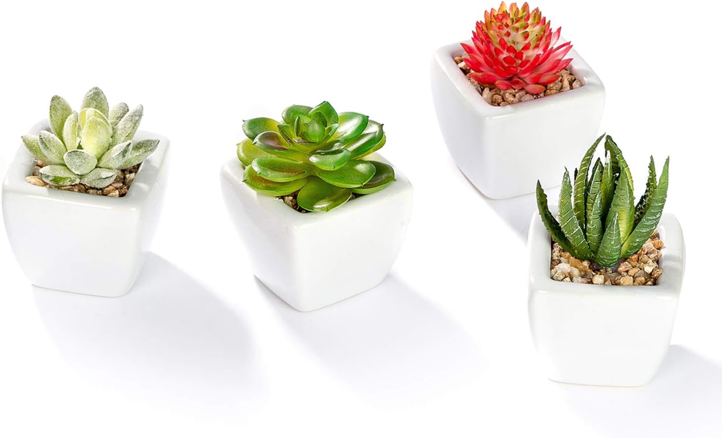 Nattol Set of 4 Mini Assorted Green Artificial Succulent Plants in White Ceramic Planter Pots for Home Decor