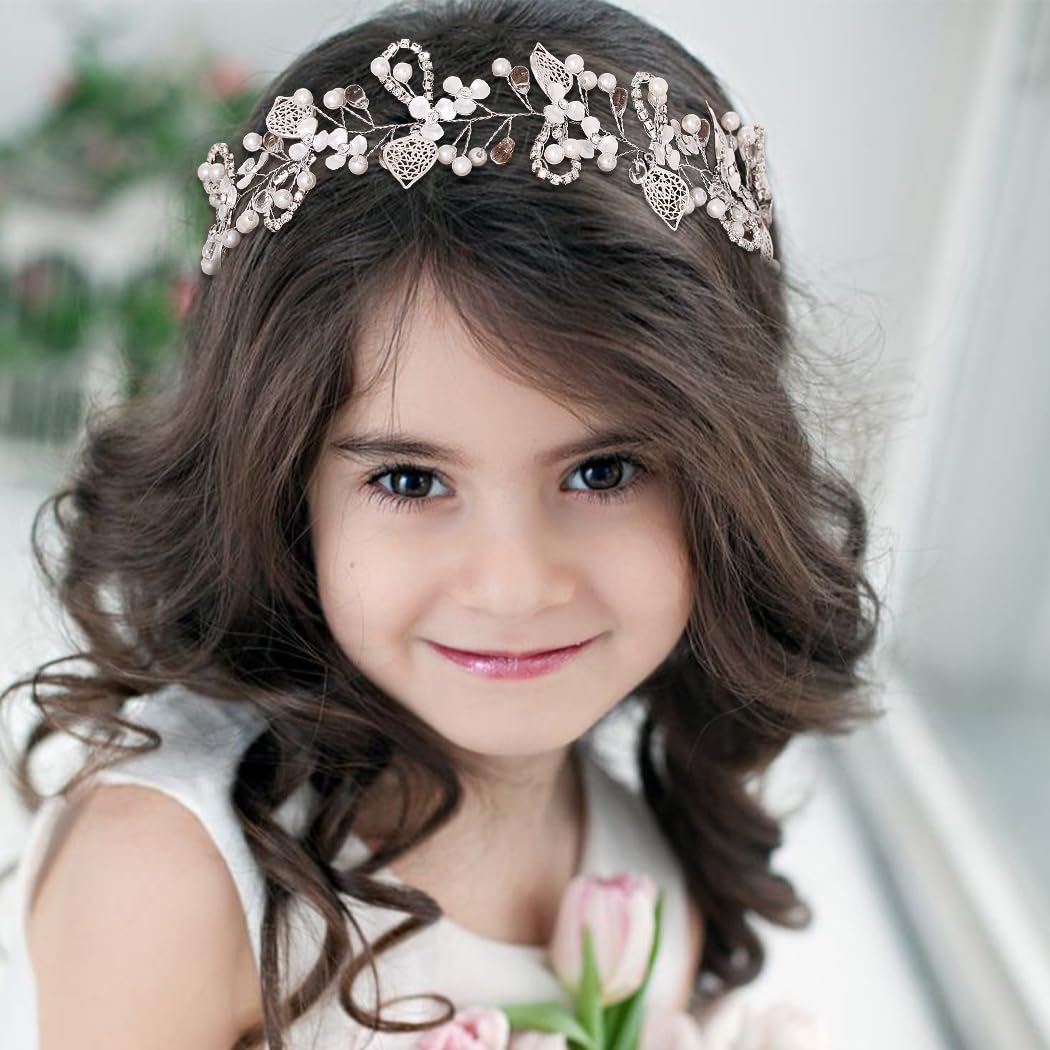 IYOU Princess Crystal Headpiece Silver Flower Wedding Headband Pearl Holy Communion Hair Accessories for Flower Girl Bride Bridesmaid