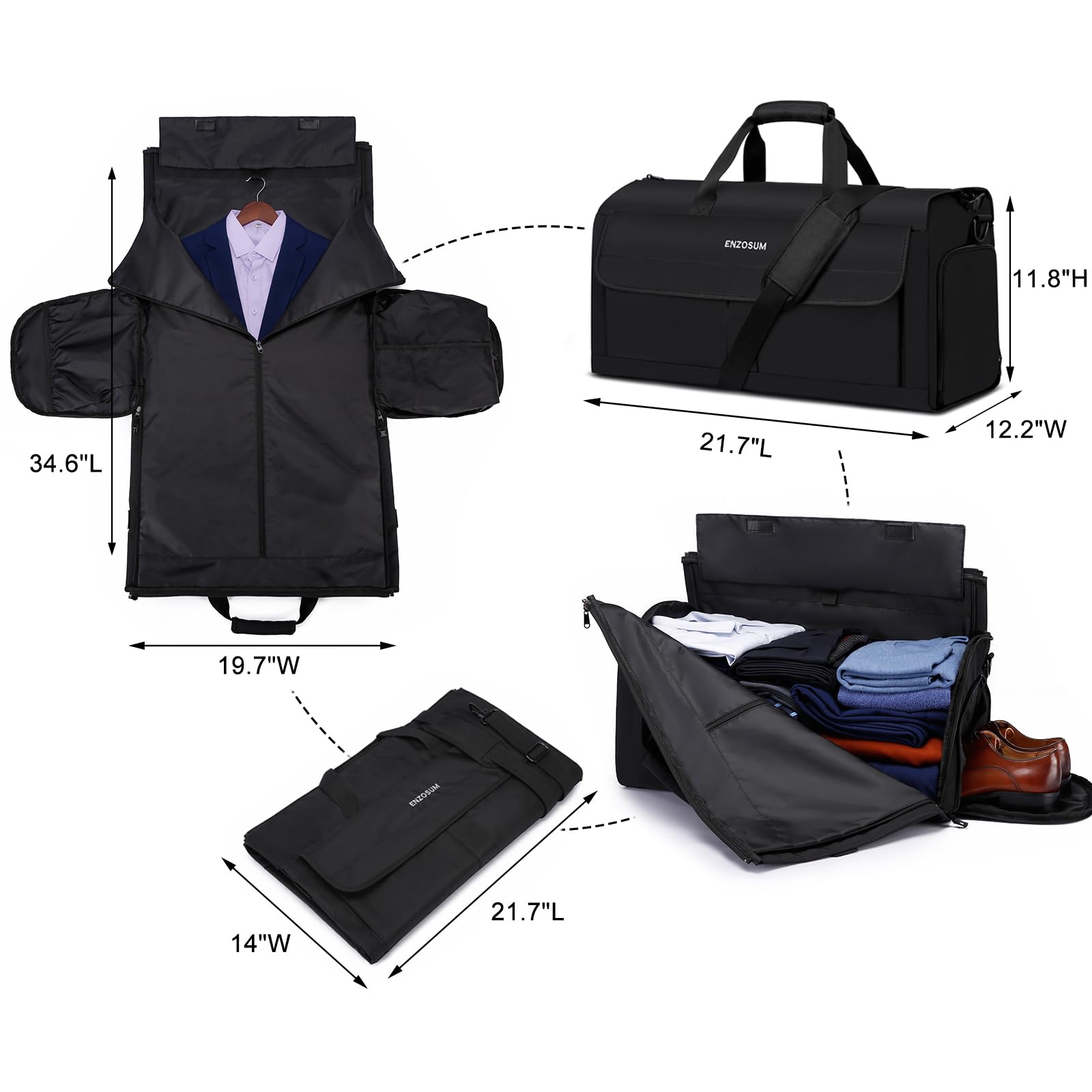 Garment Bags for Travel Large Suit Bag for Men Carry On Garment Bag Convertible Garment Duffle Bag with Shoes Compartment,2 in 1 Hanging Dress Suitcase Suit Travel Bags,Black