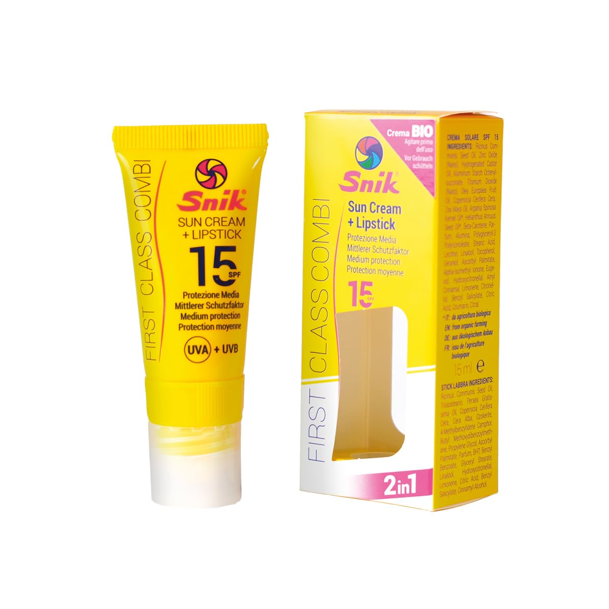 Snik FIRST CLASS CREAM COMBI 2in1 | Professional Face Sun Cream + Lip Lipstick | Mountain, Skiing, Extreme Sports | Organic with Carotene | SPF 15 Medium UVA + UVB Protection | Tube 15 ml