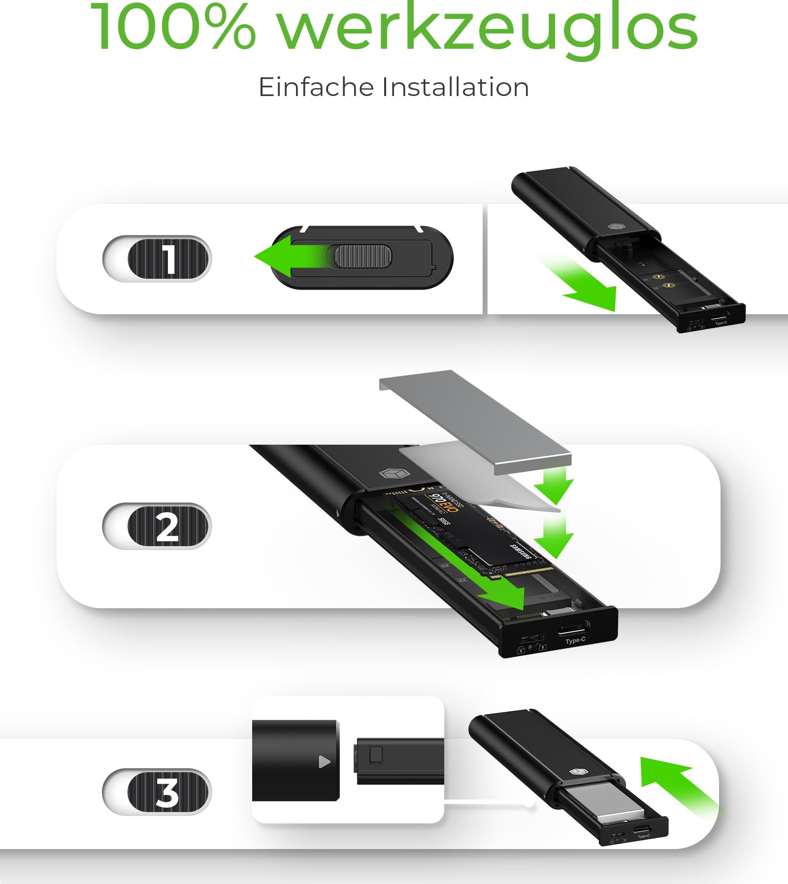 ICY Box M.2 SSD/NVMe Gehäuse, USB 3.2 (10 Gbit/s), Werkzeuglos, Kühlsystem, USB-C, USB-A, PCIe, M-Key, Extern, NVMe Adapter, Aluminium, Schwarz, IB-1807MT-C31 3