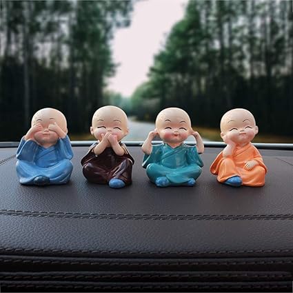 Great Art Set of 4 Handcrafted Miniature Decorative Buddha Monk Figurines Showpiece for Car Dashboard (Multicolor)